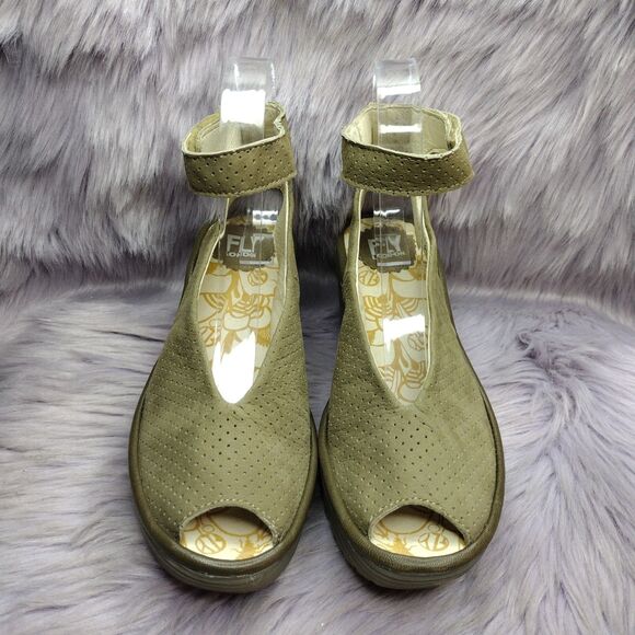 Fly London Leather Yala Wedge Peep Toe Perforated Sandals EU 37 US 6/6.5 Green - Picture 3 of 10